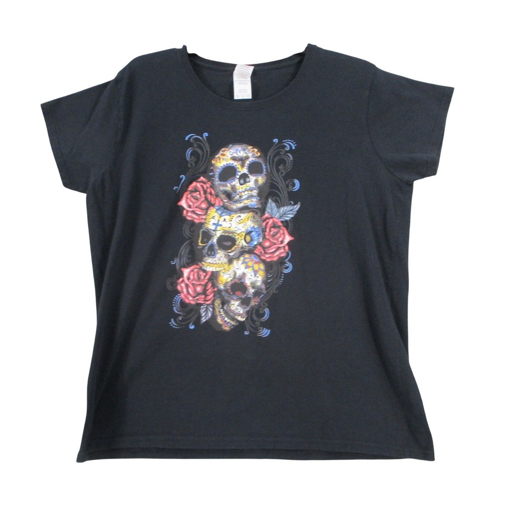Gildan Black Sugar Skull Roses Graphic T-Shirt‎ Womens XL Day of the Dead Cotton